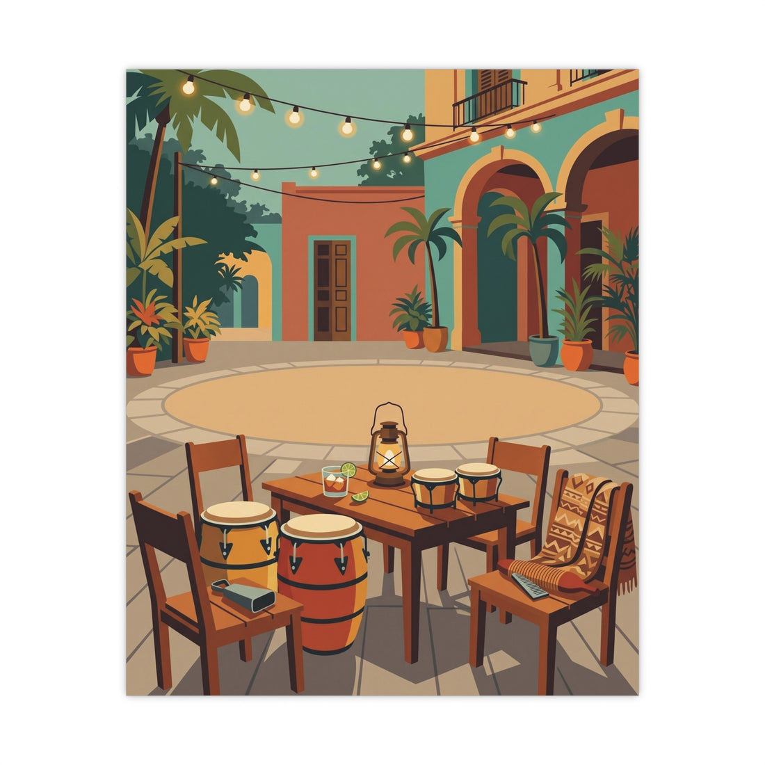 Tropical Courtyard Poster — Palm Patio Wall Art with Lantern & Drums